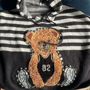 AKIRA Black and Gray Striped Sweater with Bear Design